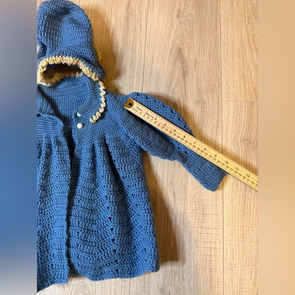 Vintage Hand-Crocheted Baby Sweater & Bonnet Set Blue Cream Trim Handmade - Picture 7 of 7
